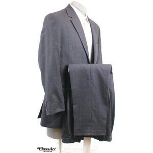 Russell Simmons 2 Piece Suit Charcoal Gray Checked 2 Btn 42R Pleated 34" Waist